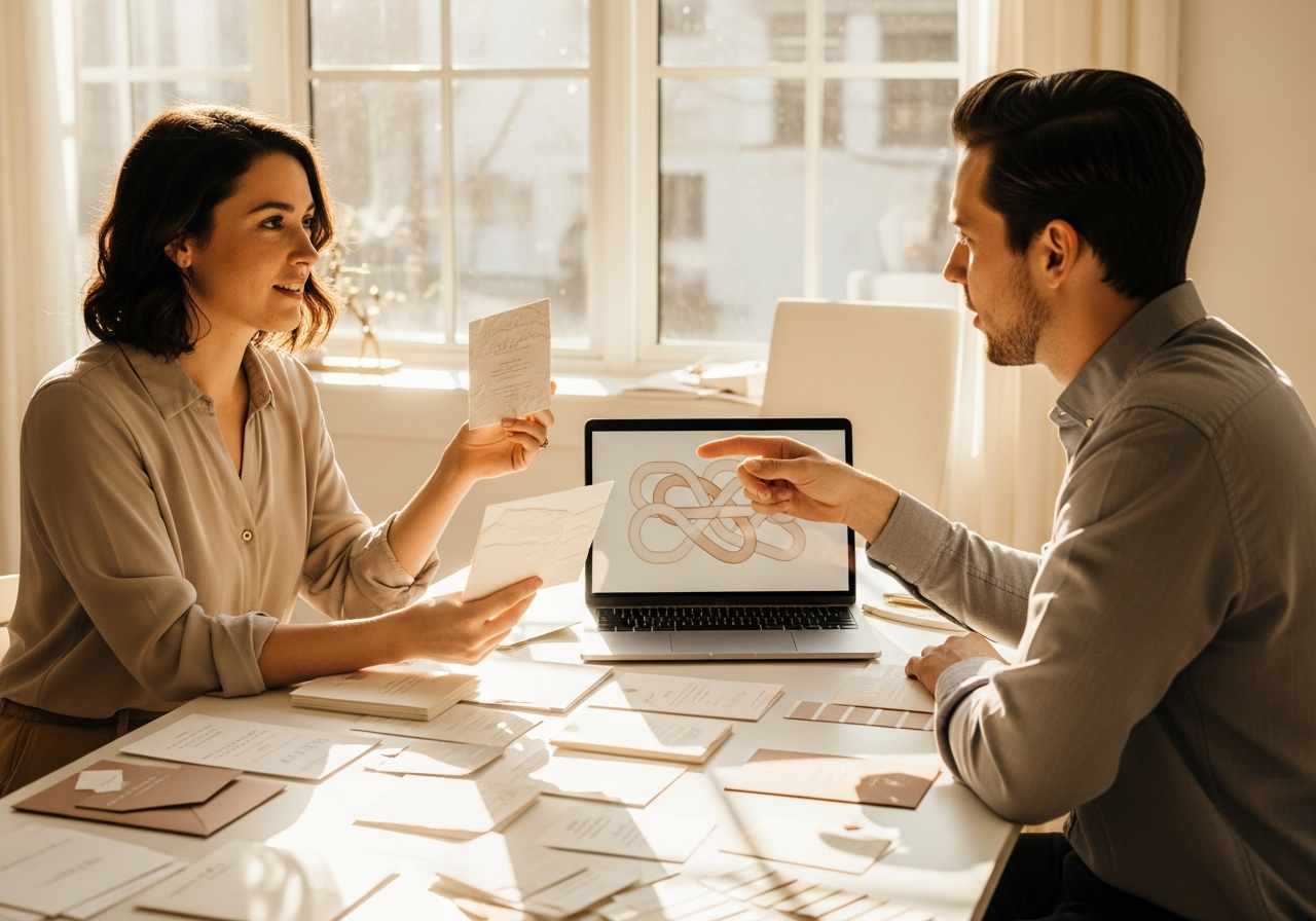 Wedding shop owners reviewing invitation proofs and analytics together
